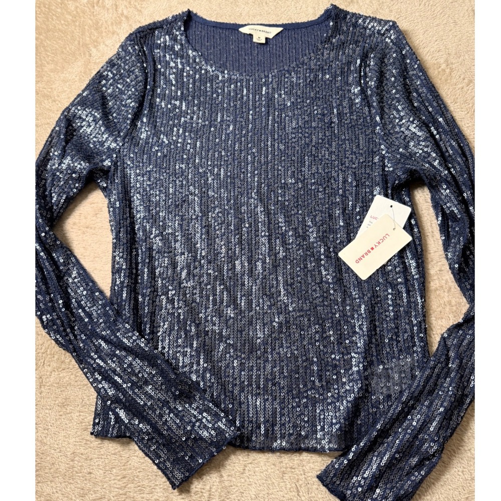 Lucky Brand Womens Navy Sequin Long Sleeve Top Med NEW Festival Mermaidcore